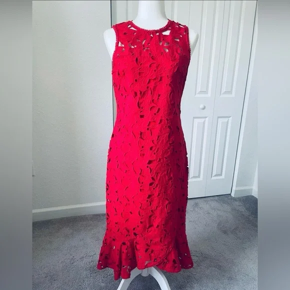 New Shoshanna Red Eyelet Cotton Maxi Dress Size 6 - Picture 4 of 9